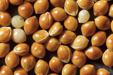 Extreme macro of brown millet grain surface showing glossy texture and fine lines. Ideal for food texture, botany, and scientific visuals.