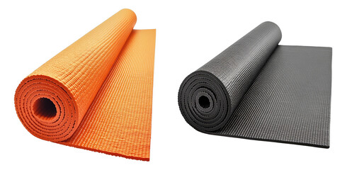 Rolled-up yoga mats in orange and black, perfect for exercise and fitness