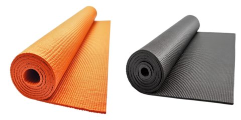Rolled-up yoga mats in orange and black, perfect for exercise and fitness