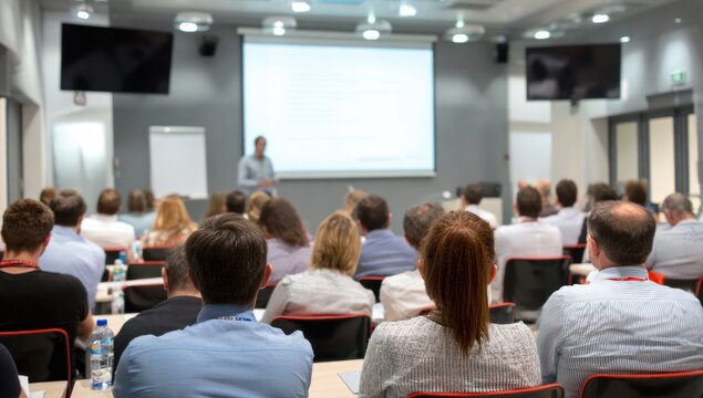 Audience views speaker presenting in a modern conference room setting