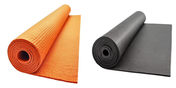 Rolled-up yoga mats in orange and black, perfect for exercise and fitness