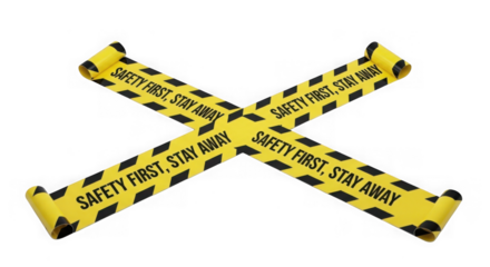 Yellow safety first stay away caution tape on transparent background