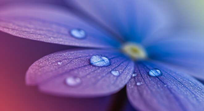 Close-up of a water droplet resting on a purple flower petal with a soft blurred background. A macro nature shot creating banner abstract backdrop for beauty, spa, and spring themes with copy space - Powered by Adobe
