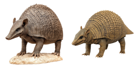 Two detailed armadillo models showcasing their unique armored bodies. The armadillos are displayed on what appears to be a stone surface, emphasizing the texture of their scales and the animal's form