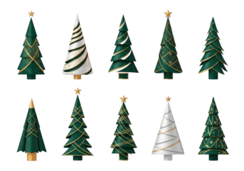 A festive collection of decorative christmas trees, each uniquely adorned with gold accents, perfect for adding a touch of elegance to holiday designs isolated on transparent background