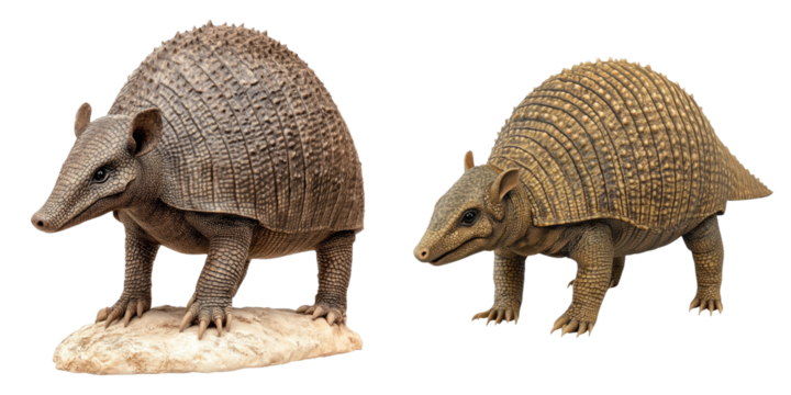 Two detailed armadillo models showcasing their unique armored bodies. The armadillos are displayed on what appears to be a stone surface, emphasizing the texture of their scales and the animal's form