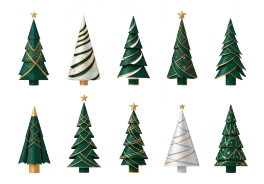 A festive collection of decorative christmas trees, each uniquely adorned with gold accents, perfect for adding a touch of elegance to holiday designs isolated on transparent background