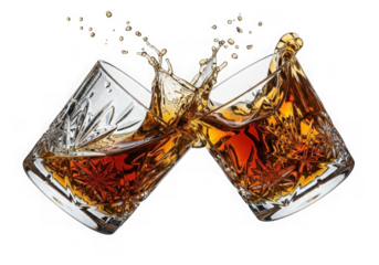 Two glasses of whiskey toasting with splash on transparent background 