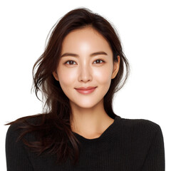 Fototapeta premium Portrait of a young Asian woman with long brown hair wearing a black top isolated on white background