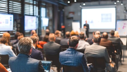 Audience attending a presentation in a dimly lit modern conference room.