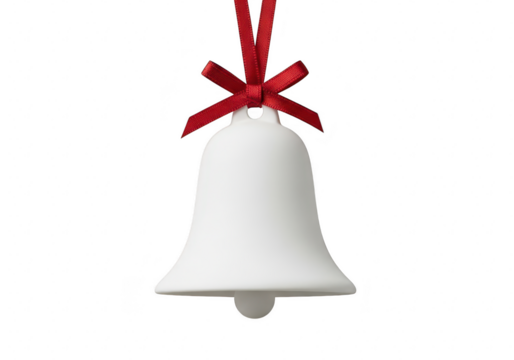A pristine white christmas bell, adorned with a vibrant red ribbon tied in a charming bow, hangs gracefully, , evoking the spirit of the holiday season isolated on transparent background - Powered by Adobe