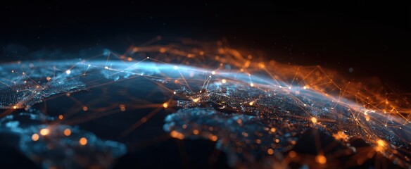 Digital earth network visualization with blue and orange light connections