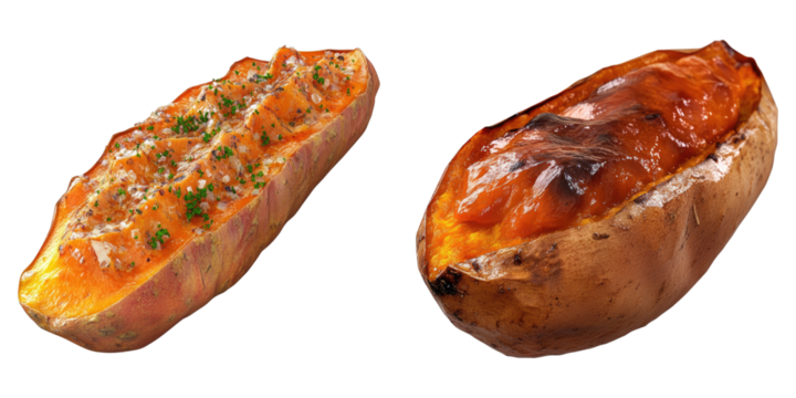 Two baked sweet potatoes, each filled with different toppings, showcase culinary delight