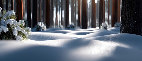 A row of bare trees stands against a bright blue sky filled with fluffy clouds, creating a serene winter scene