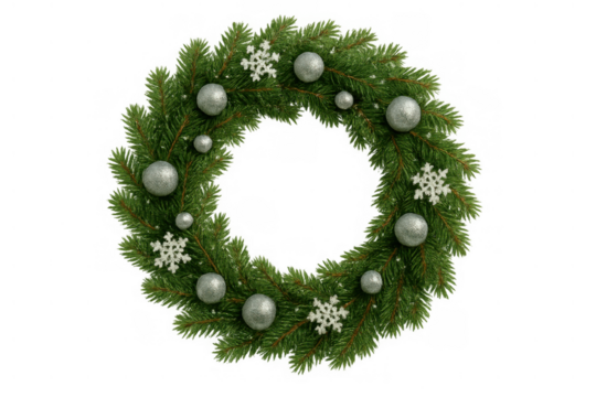 Christmas wreath with silver baubles and snowflakes creating a festive winter holiday decoration, transparent background
