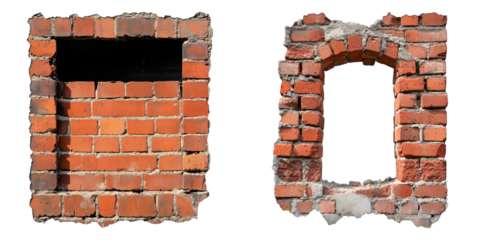 Two brick wall sections, featuring window-shaped openings. The brickwork exhibits signs of wear and tear