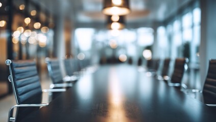 Empty modern conference room with dark table and blurred background lights.
