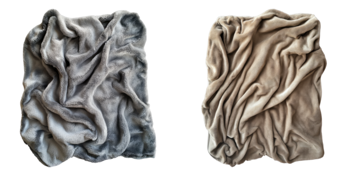 Two Soft Blankets: A cozy depiction of two luxurious blankets, one in a cool grey and the other in a warm beige, showcasing their soft textures and inviting appearance. 