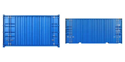 Shipping containers in bright blue, illustrating global trade and logistics. The containers are isolated, demonstrating their role in transport