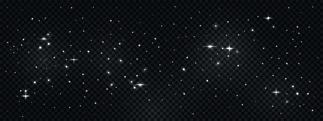 Starry universe background with glimmer stars. Glowing night sky space isolated on transparent backdrop