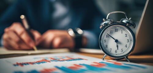 Alarm clock on desk with blurry person writing near charts.