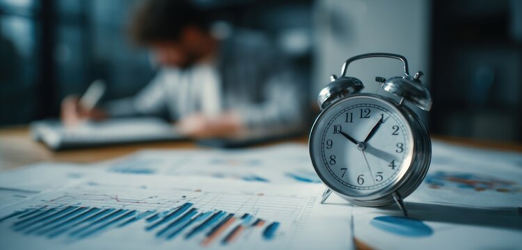 Alarm clock sits on desk with blurred person working on charts.