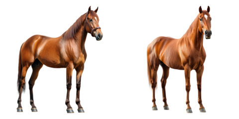 Two majestic brown horses standing side by side, showcasing their grace and elegance