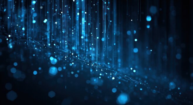 Abstract blue light streaks and bokeh particles falling against dark background. - Powered by Adobe