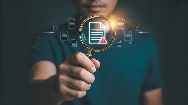 Businessman holding magnifying glass highlighting digital document with warning icon. Concept of data analysis and document error detection. Cyber security risk, information review