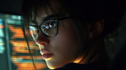 Intense focus: Woman wearing glasses with glowing code reflecting on her face and spectacles, working in a dark environment.