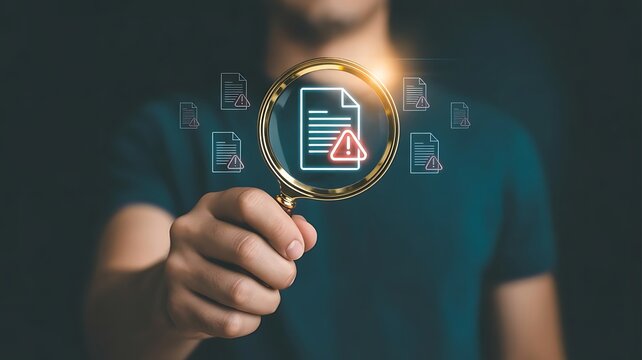 Businessman holding magnifying glass highlighting digital document with warning icon. Concept of data analysis and document error detection. Cyber security risk, information review - Powered by Adobe