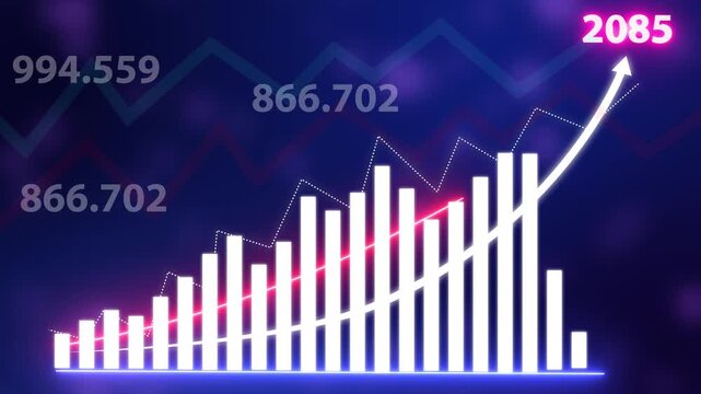 Business graph growth idea Digital economic analysis technology concept. 2085 Excellent financial status of corporate business rise up on background...