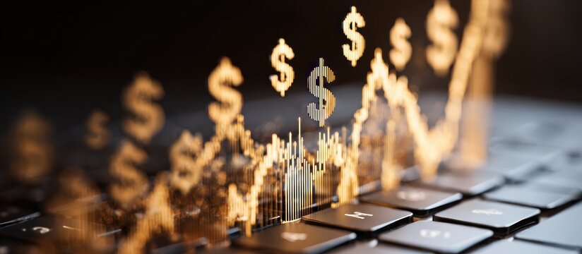 Glowing dollar signs and stock chart overlay a dark keyboard.