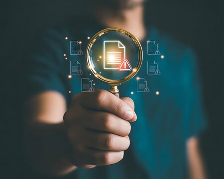 Businessman holding magnifying glass highlighting digital document with warning icon. Concept of data analysis and document error detection. Cyber security risk, information review