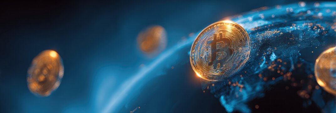 Glowing digital cryptocurrency coins floating over a dark blue abstract network