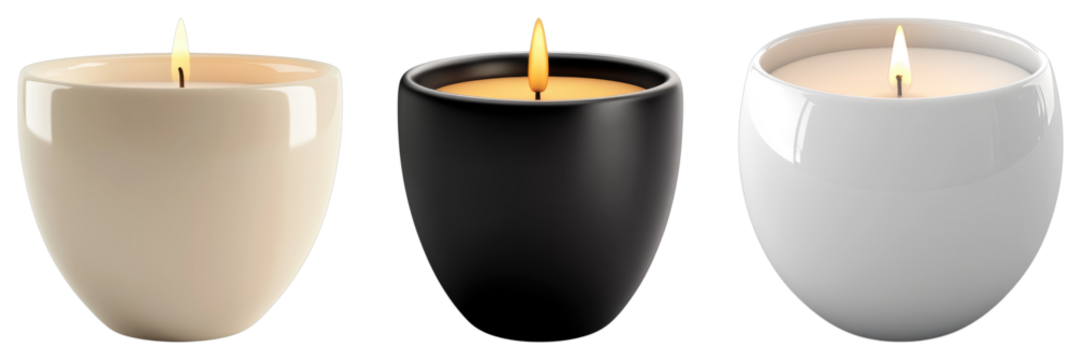Three elegant candles, each with a burning flame, offering a sense of warmth and tranquility. Each candle has its own unique color and design