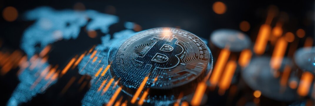 Digital cryptocurrency coin overlaying abstract global financial data visualization.
