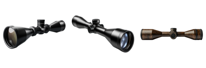 Optical devices with magnification capabilities, essential tools for precision aiming. The objects are arranged to showcase their structure and design 