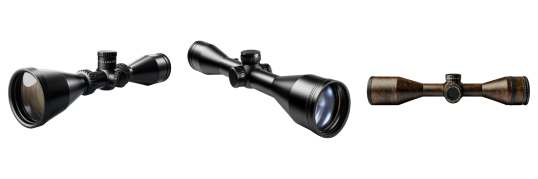 Optical devices with magnification capabilities, essential tools for precision aiming. The objects are arranged to showcase their structure and design 