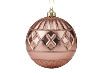 Closeup of a rose gold christmas bauble with a geometric pattern, suspended from a gold string, , creating a festive and elegant holiday image isolated on transparent background