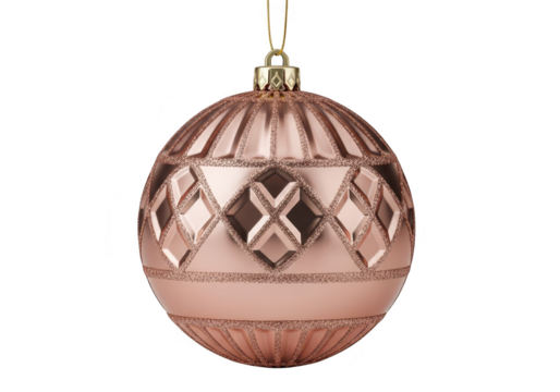 Closeup of a rose gold christmas bauble with a geometric pattern, suspended from a gold string, , creating a festive and elegant holiday image isolated on transparent background