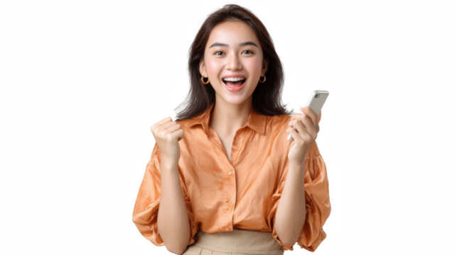 Excited young Asian woman holding a smartphone celebrating success with a cheerful expression isolated on white
