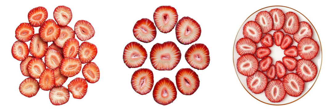 Deliciously sliced strawberries arranged in captivating patterns, offering a fresh, vibrant, and appetizing visual appeal