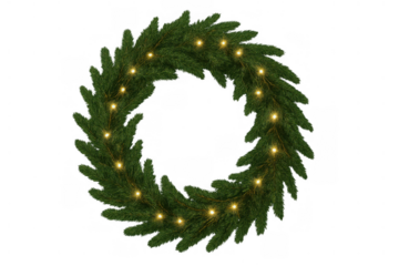 Christmas wreath with golden twinkling lights creating a festive winter holiday decoration, transparent background