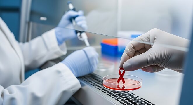 Scientist holding red ribbon in petri dish, hiv and aids awareness concept
