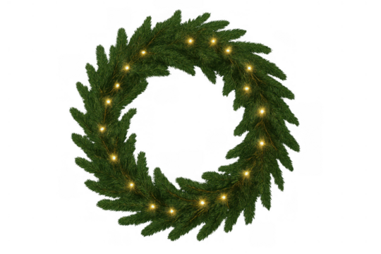Christmas wreath with golden twinkling lights creating a festive winter holiday decoration, transparent background - Powered by Adobe