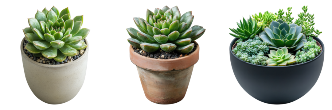 A trio of succulents, each potted in a unique container, showcasing the beauty of the plants