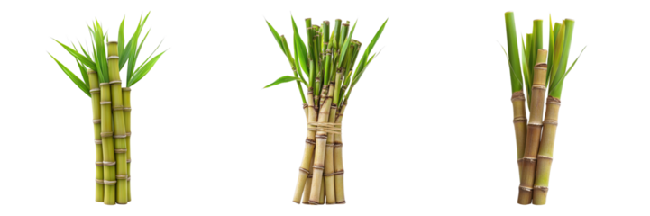 Three vibrant bundles of sugarcane, each displaying the plant's natural beauty and verdant hues. The sugarcane is neatly arranged, showcasing its sturdy stalks and fresh leaves.