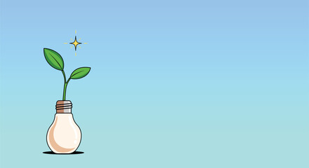 Eco Innovation Concept - Plant Growing Inside Light Bulb on Blue Gradient Background