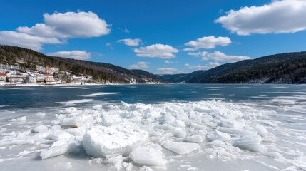 Fototapeta premium Snow blankets the landscape as the frozen lake mirrors the clouds above, creating a serene winter view in the forest